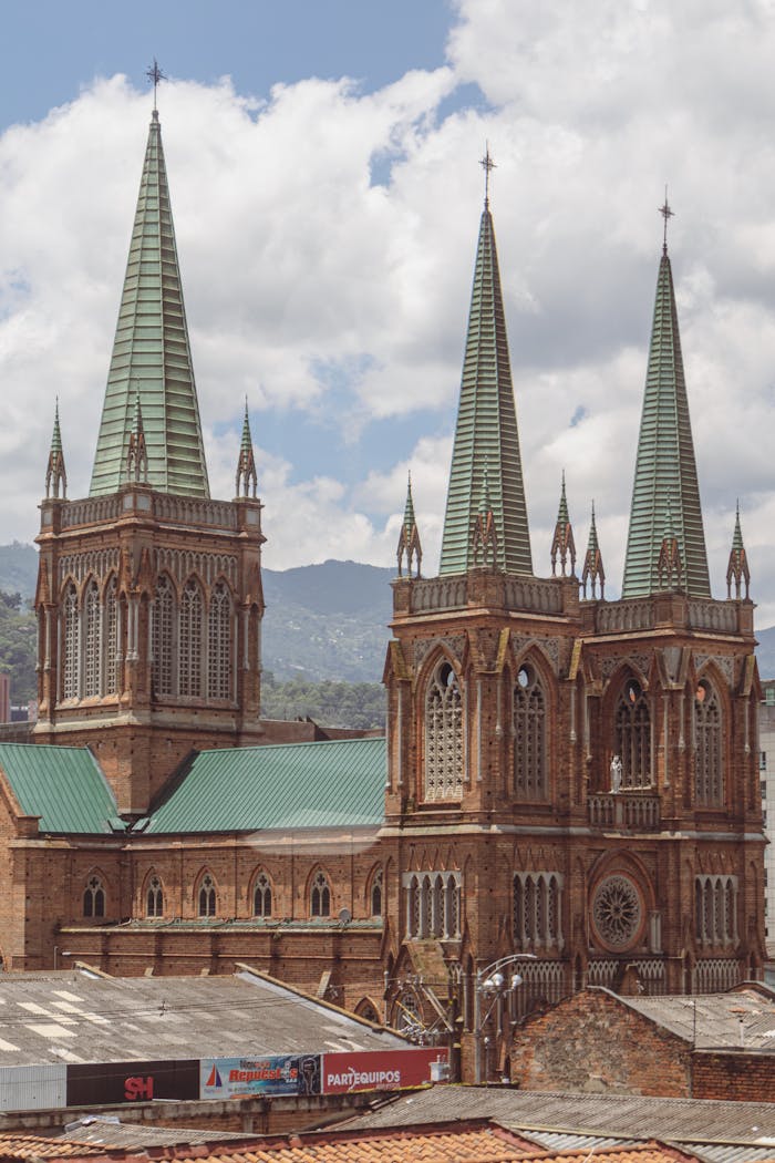 Stunning Gothic cathedral with spires in Medellín, Antioquia, Colombia on a sunny day.