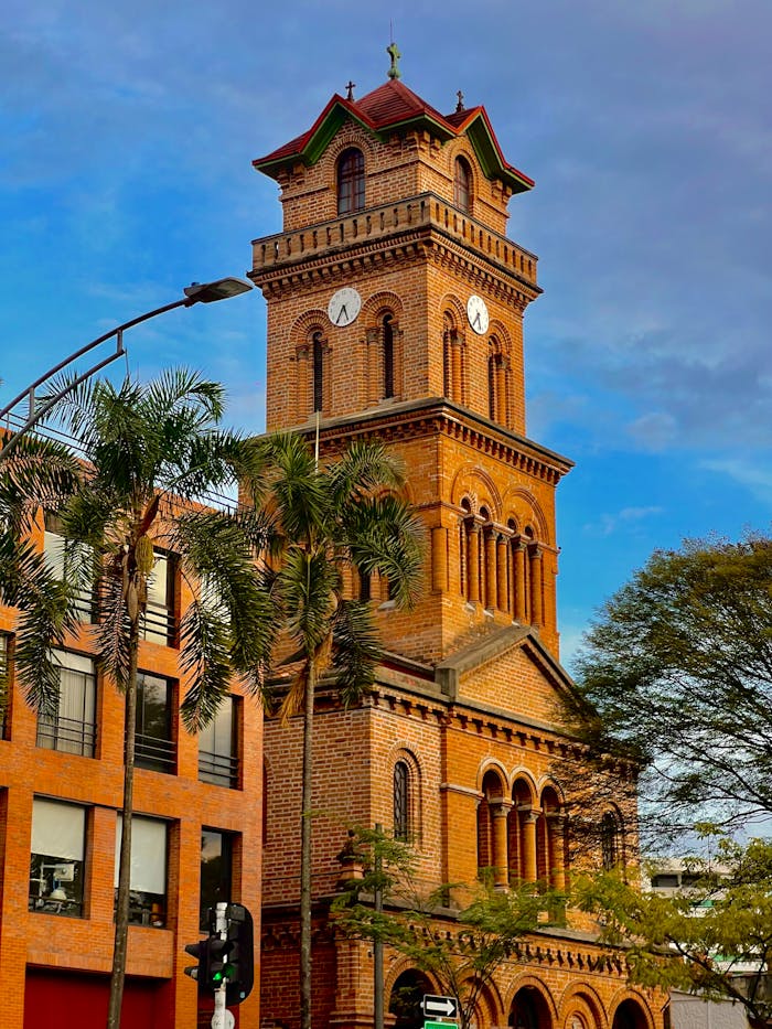 Charming historic tower in Medellín, Colombia, showcasing beautiful architecture.